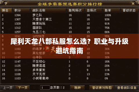 犀利天龙八部私服怎么选？职业与升级避坑指南