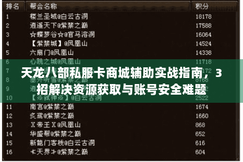 天龙八部私服卡商城辅助实战指南,3招解决资源获取与账号安全难题 天龙八部私服卡商城辅助实战指南,3招解决资源获取与账号安全难题